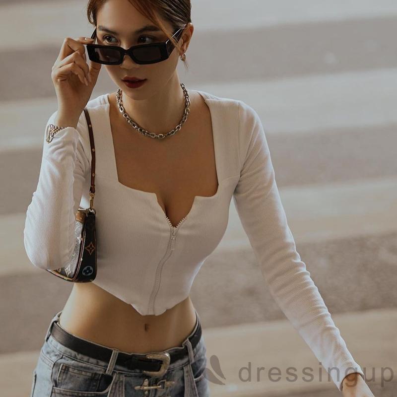 [hot] Áo Croptop Tay Dài Màu Trơn Thiết Kế Khóa Kéo Độc Đáo Dành Cho Nữ