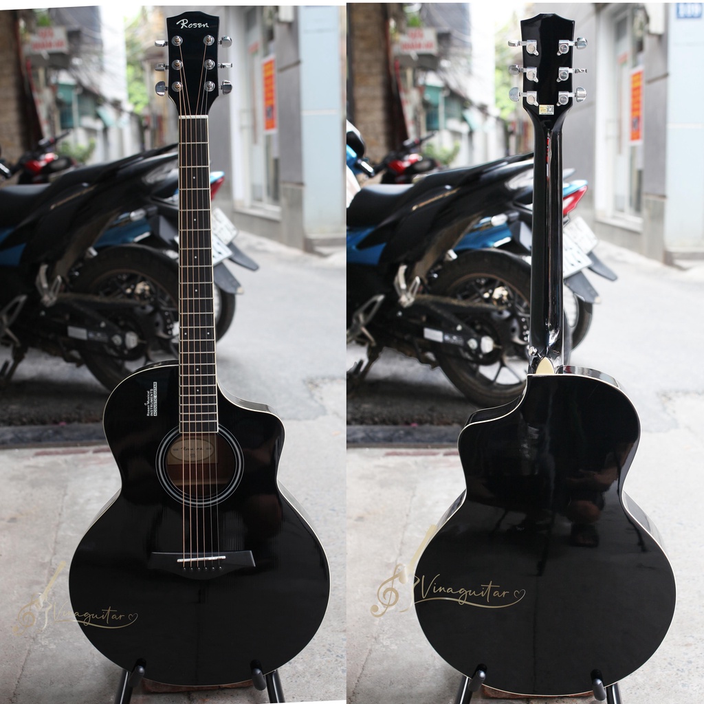 Đàn guitar acoustic Rosen G11 đen sơn bóng dáng A 40inch - tặng full phụ kiện- Vinaguitar phân phối