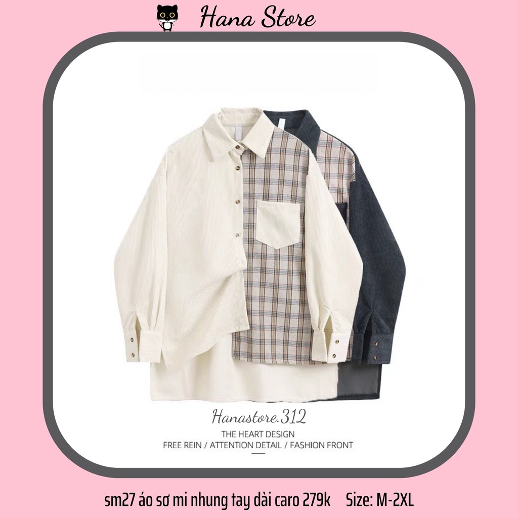 sm27 áo sơ mi tay dài 2 màu phối caro unisex form rộng