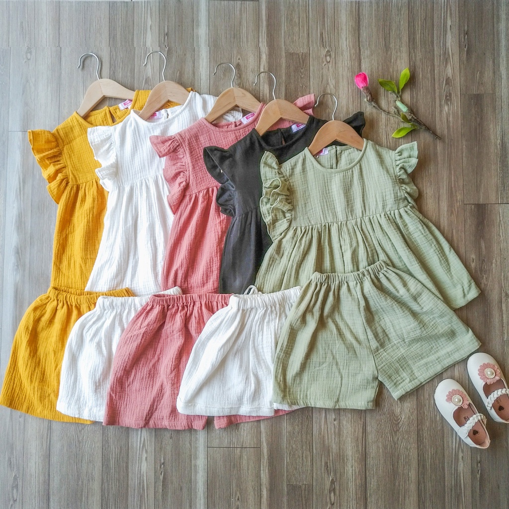 Đồ bộ tay bèo MIKO vàng xanh hồng trắng vải xô muslin mẫu Tay bèo