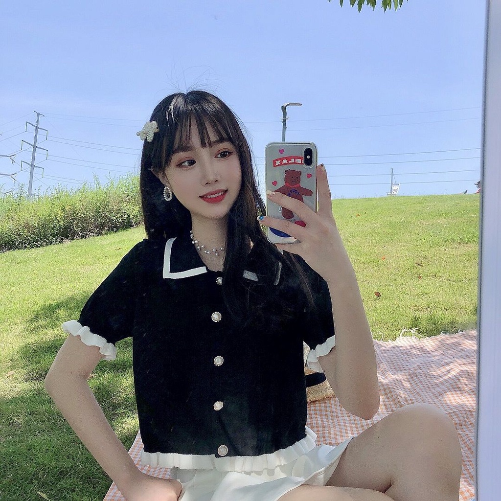 Áo dệt kim BH tay ngắn cổ bẻ thời trang đáng yêu cho nữ