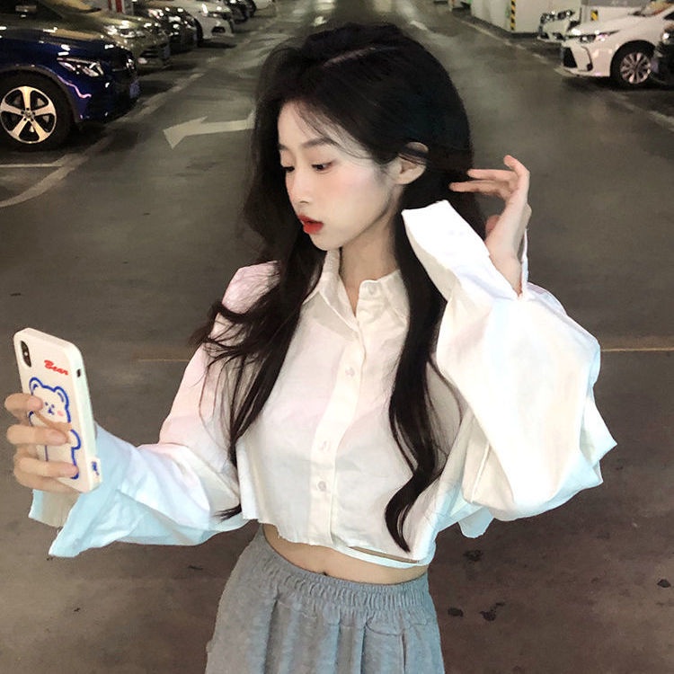Áo sơ mi croptop tay dài che nắng phong cách ngọt ngào thời trang mùa hè 2022 mới dành cho nữ
