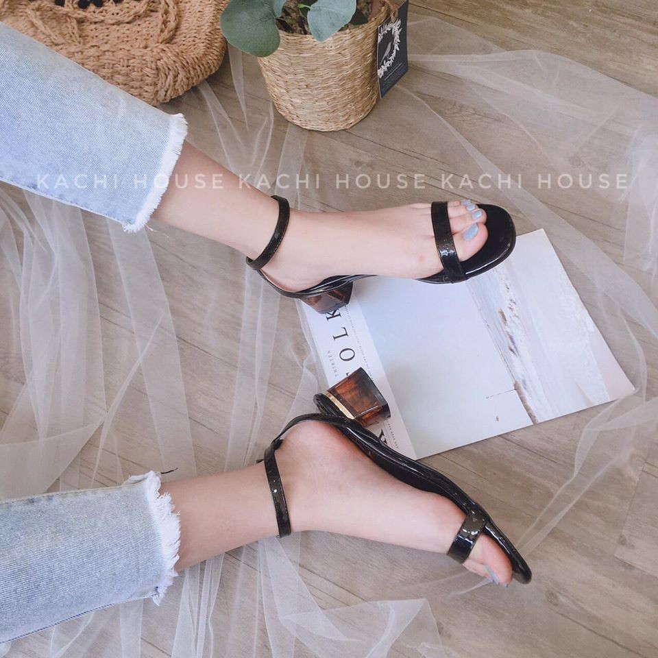 sandal zara da bóng gót hổ phách 3p