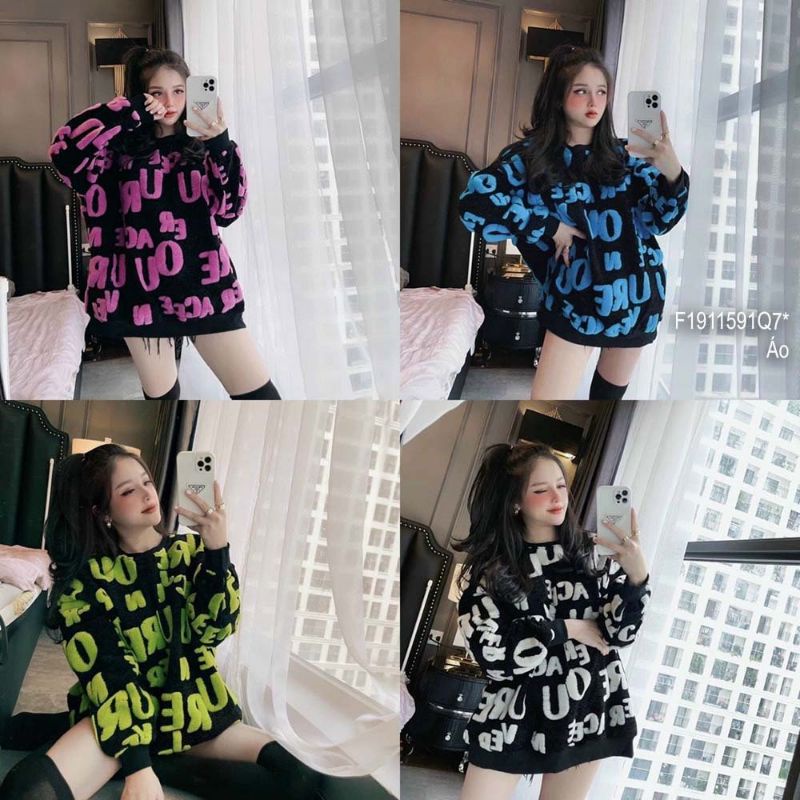 Áo len họa tiết chữ xù dáng rộng giấu quần tay dài hàng Quảng Châu