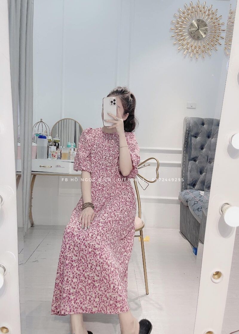 váy hoa nhí vintage dáng dài cổ tròn kiểu dáng hàn quốc | BigBuy360 - bigbuy360.vn