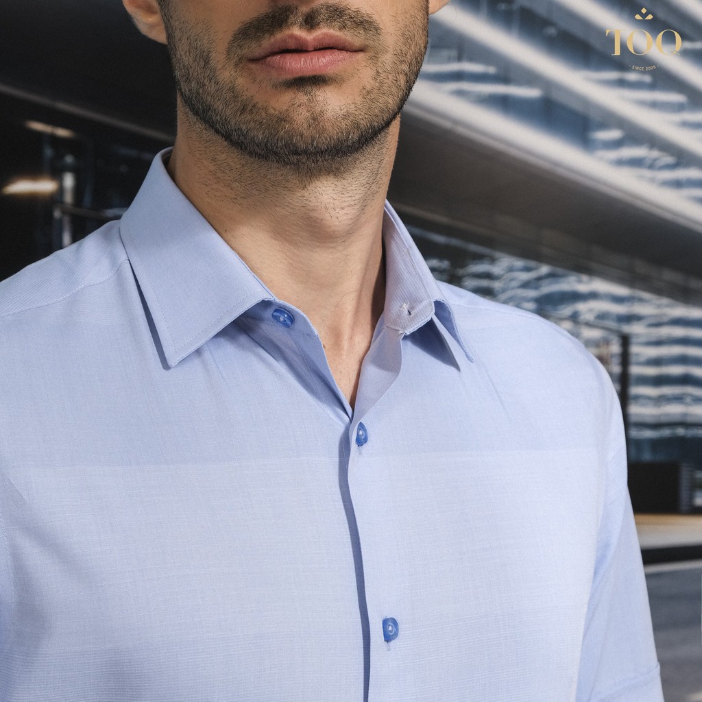 Áo sơ mi nam ngắn tay TQQ dáng Slim fit công sở ôm nhẹ K365CSC-CB màu xanh biển phối kẻ chìm tinh tế