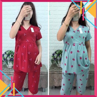 Đồ Bộ Sau Sinh Lửng Bầu Hình Dâu Cổ Vạt Chéo, Chất Đẹp, Tiện Cho Bé Ti