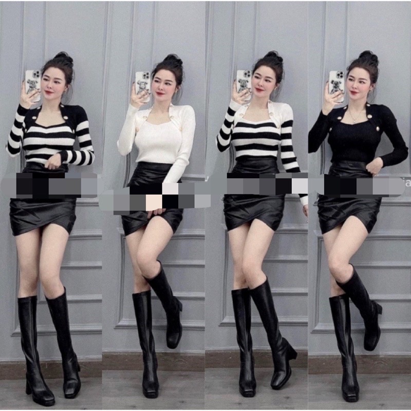 Ảnh Thật  áo len vạt tôm cổ vuông mix khuy đồng sang chảnh