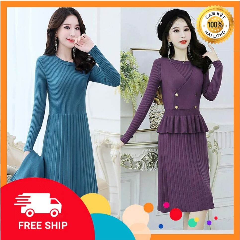 Set đầm len phối áo tà bèo đính nút siêu xinh