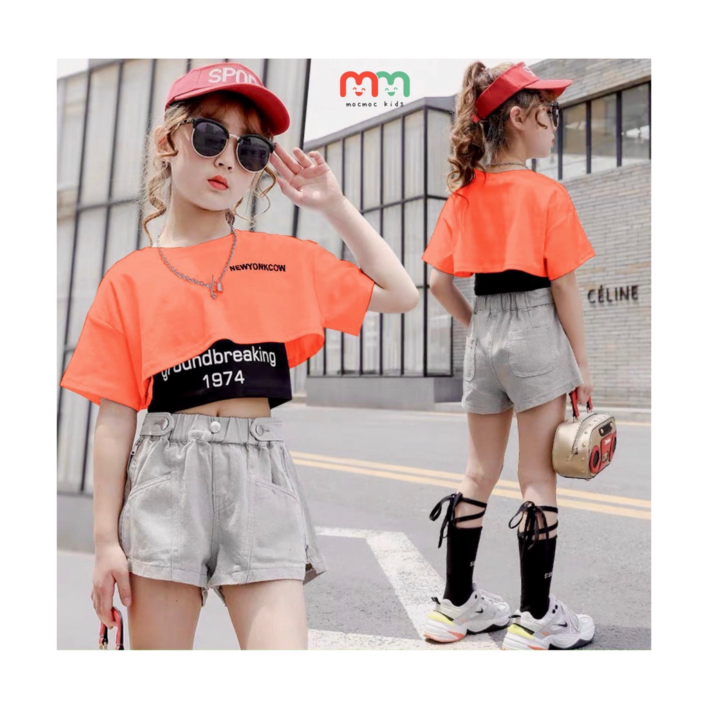 Áo croptop cho bé gái cá tính, 2 chi tiết ngắn ôm ba lỗ bên trong, ngoài croptop rộng thun cotton mềm cho bé 6- 15 tuổi