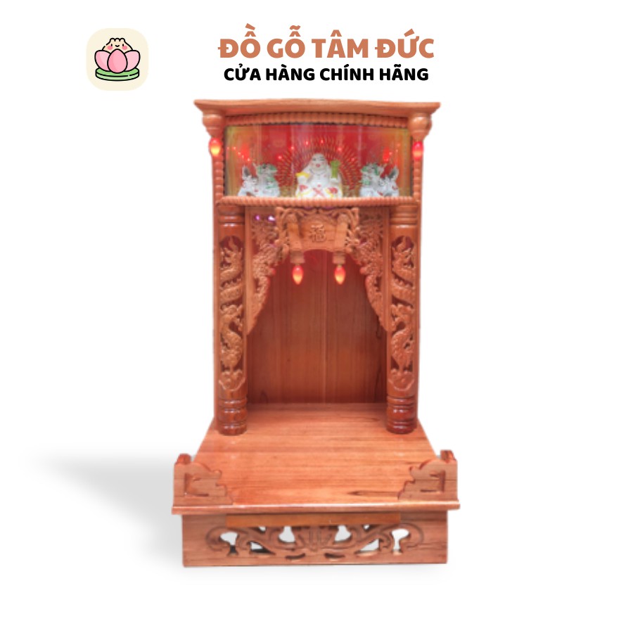 Bàn thờ ông địa thần tài ngang 48cm hộp đèn ông di lặc chân vuông Tâm Đức gỗ xoan đào tặng bộ đèn (BH-6tháng)