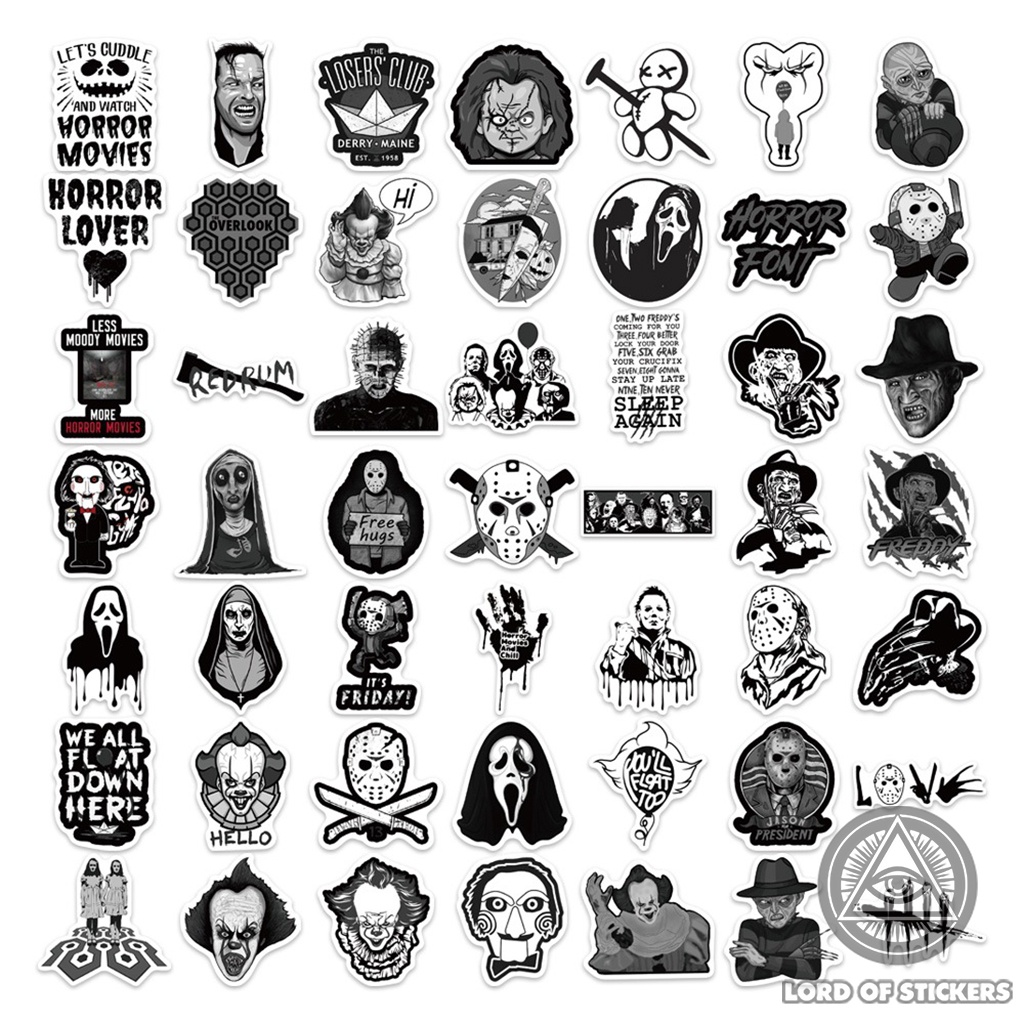 Set 100 Hình Dán Phim Kinh Dị Sticker Đen Trắng Chống Thấm Nước Trang Trí Mũ Bảo Hiểm, Laptop, Điện Thoại, Đàn Guitar