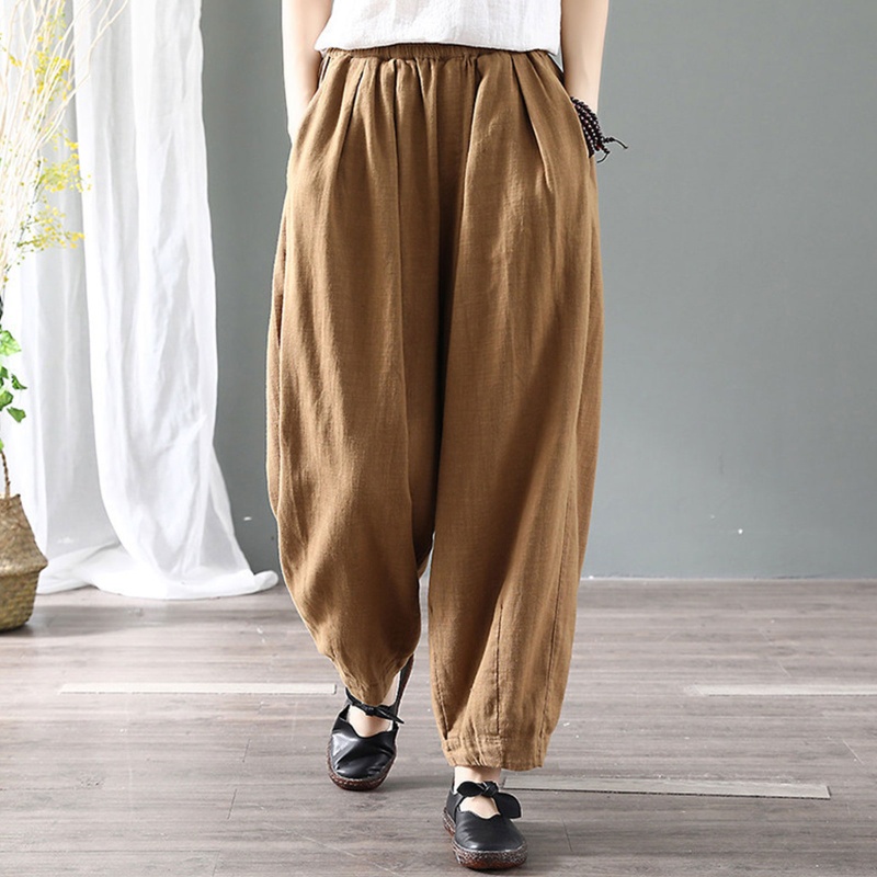 Brroa Quần Baggy Ống Rộng Lưng Thun Màu Trơn Cho Nữ