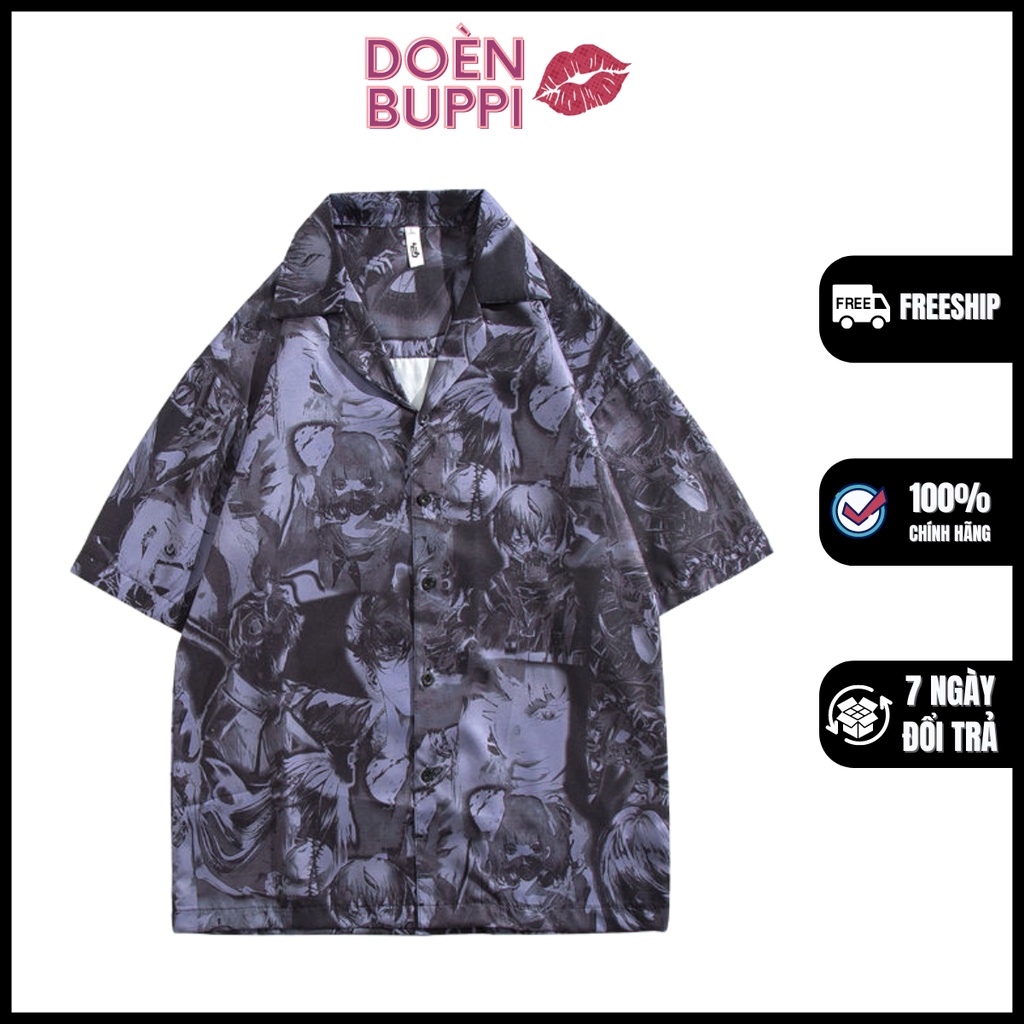 Áo sơ mi ngắn tay unisex nam nữ, cổ đứng, vải lụa lạnh nhập khẩu thoáng mát, XANH TÍM HÌNH ANIME - DOÈNBUPPI Shirt