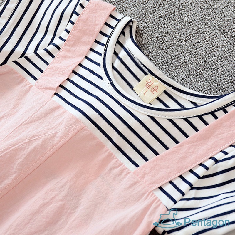 Đầm Ngắn Tay Giả Hai Lớp Họa Tiết Sọc Dễ Thương Thời Trang Mùa Hè Cho Bé Gái