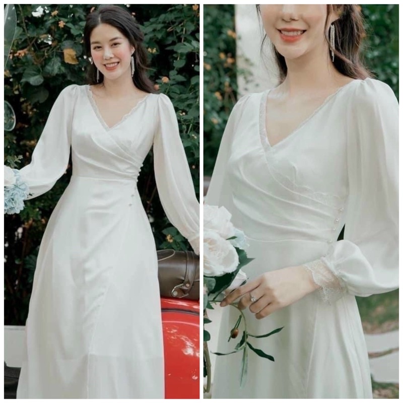 Đầm trắng viền ren nút eo (kèm hình thật)