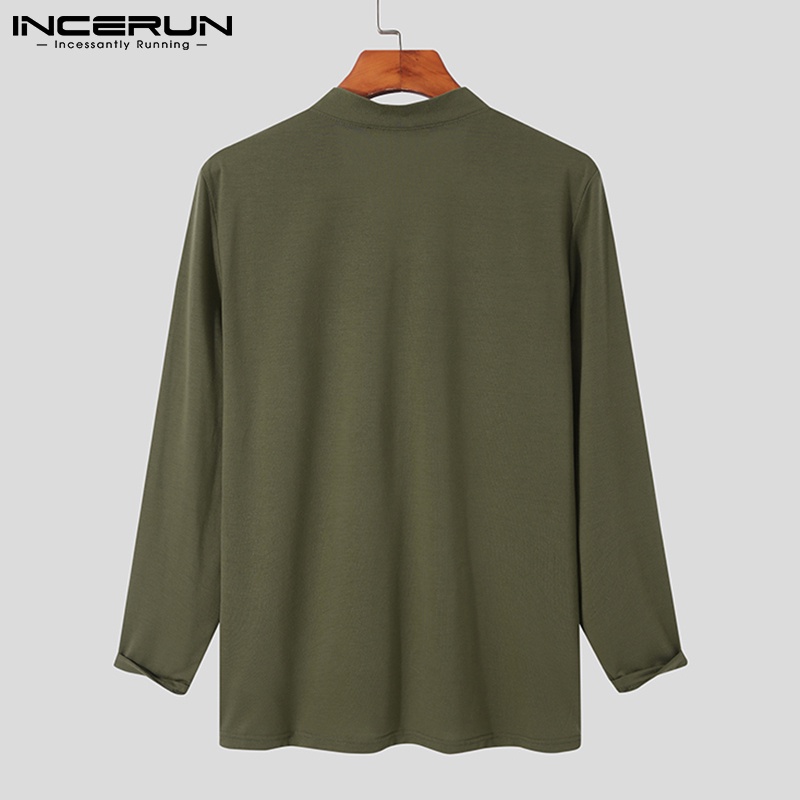 Áo thun Incerun dài tay cổ chữ V phối dây buộc 3 màu cá tính dành cho nam