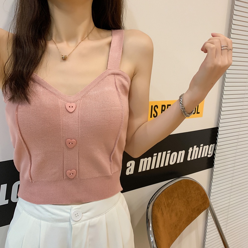 Áo Hai Dây Dệt Kim Màu Trơn Cài Nút Trước Hình Trái Tim Gợi Cảm Thời Trang Phong Cách Hàn Quốc Cho Nữ