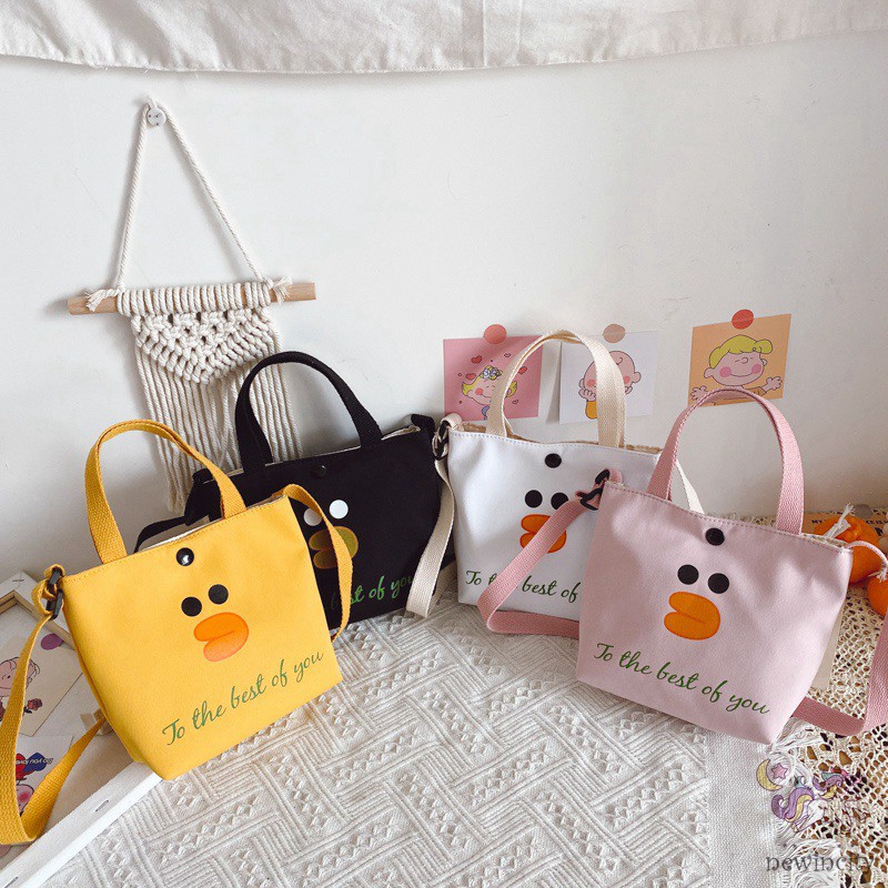 Túi đeo vai vải bạt in hình vịt con dễ thương xinh xắn