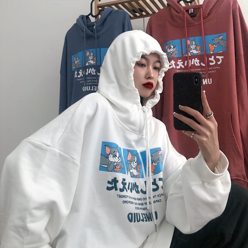 áo hoodie nữ form rộng có mũ thời trang ulzzang hàn quốc, áo hoodie nữ nỉ hình tom và jerry thời trang unisex du lịch | BigBuy360 - bigbuy360.vn