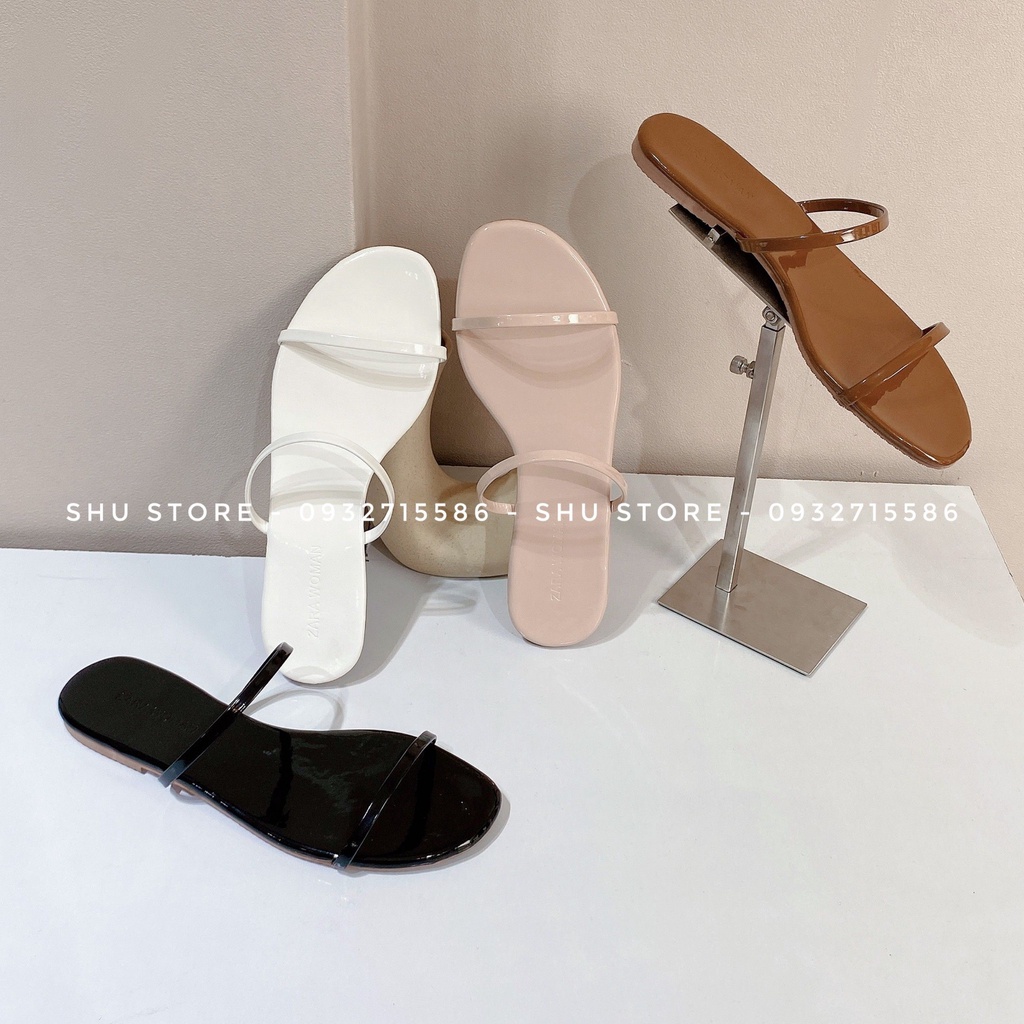 Shu Store | Dép đế bệt mũi tròn 2 quai ngang da bóng thời trang cho nữ
