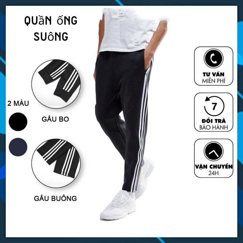 Quần 3 sọc thể thao jogger ống bo, ống suông chất liệu dày dặn, không xù sọc đen, trắng