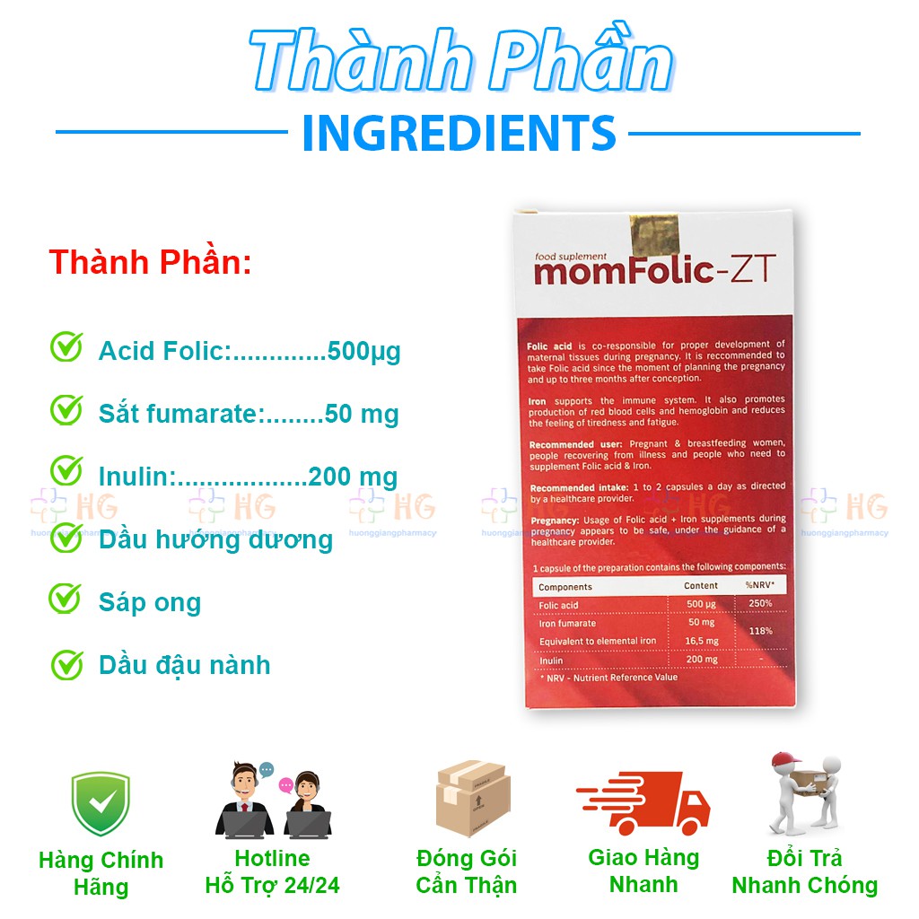 MomFolic-ZT - Hỗ trợ bổ sung Sắt và Folic Acid, giúp cải thiện thiếu máu do thiếu sắt ở phụ nữ mang thai (Hộp 30 Viên)