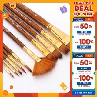 Bộ 10 cọ vẽ đầu nhọn, tròn, vát cán nâu