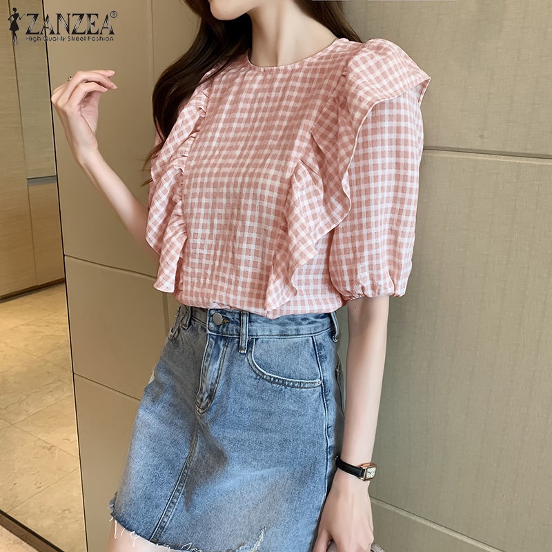 Zanzea Áo Sơ Mi Tay Lửng Cổ Tròn Họa Tiết Caro Phong Cách Hàn Quốc Thời Trang Cho Nữ