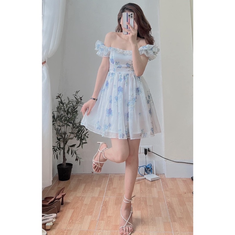 Váy Trễ Vai Hoa Chất Vải Voan Nhún Bèo