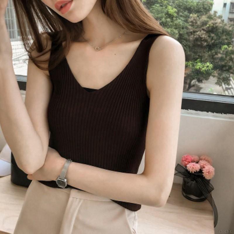 Áo dệt kim nữ sát nách cổ chữ V gợi cảm