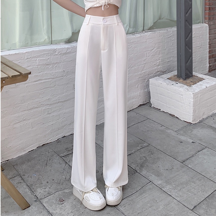 SUXI Quần Dài Ống Rộng Lưng Cao Màu Sắc Đơn Giản Hợp Thời Trang Cho Nữ