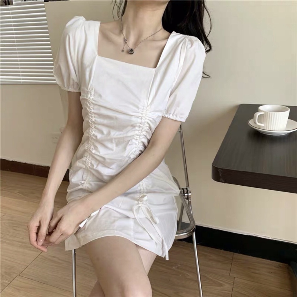 VÁY CỔ VUÔNG DÂY RÚT TAY BỒNG LỠ - ĐẦM SUÔNG ĐEN TRẮNG KHÓA KÉO MẶC 2 KIỂU HÀN QUỐC