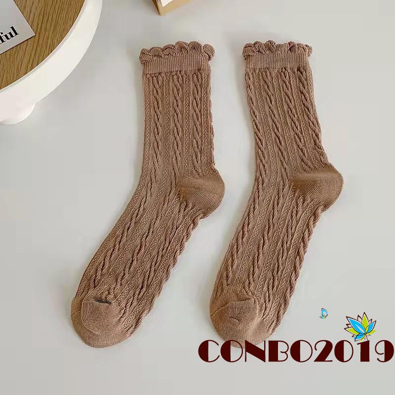 Đôi vớ cotton phối ren nhiều màu sắc trơn tùy chọn thời trang thu đông dành cho nữ