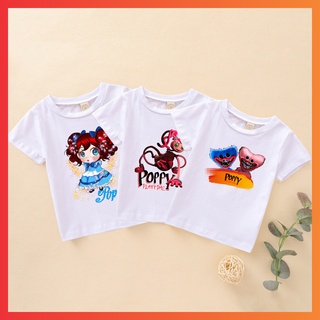 Áo Thun Trẻ Em In Poppy Playtime Huggy Wuggy Dễ Thương Vải cotton 65-35 màu trắng