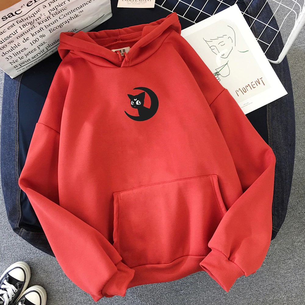 Áo Hoodie Nữ form rộng Cotton Nỉ da cá (Kèm hình thật chất áo có Logo Thương hiệu) Chú mèo và Mặt trăng