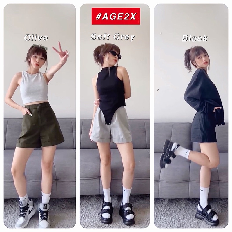 Quần Short Ống Rộng Lưng Cao Vintage AGE2X Vải kaki vừa mình không dầy, không mỏng, thấm hút mồ hôi và giữ form khi giặt | BigBuy360 - bigbuy360.vn