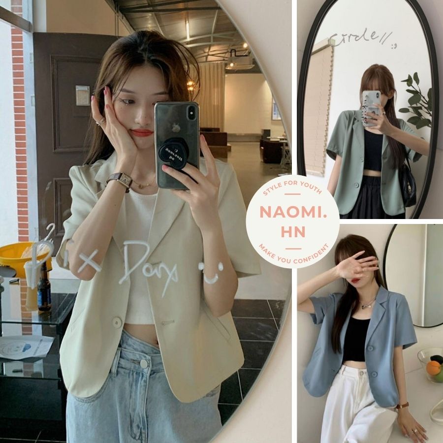 Blazer ngắn tay mặc hè chất thích form croptop rộng Hàn Quốc túi chéo. Áo cổ vest croptop cộc tay túi chéo nhiều màu