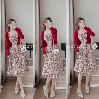 Set đầm hoa đỏ kèm áo khoác