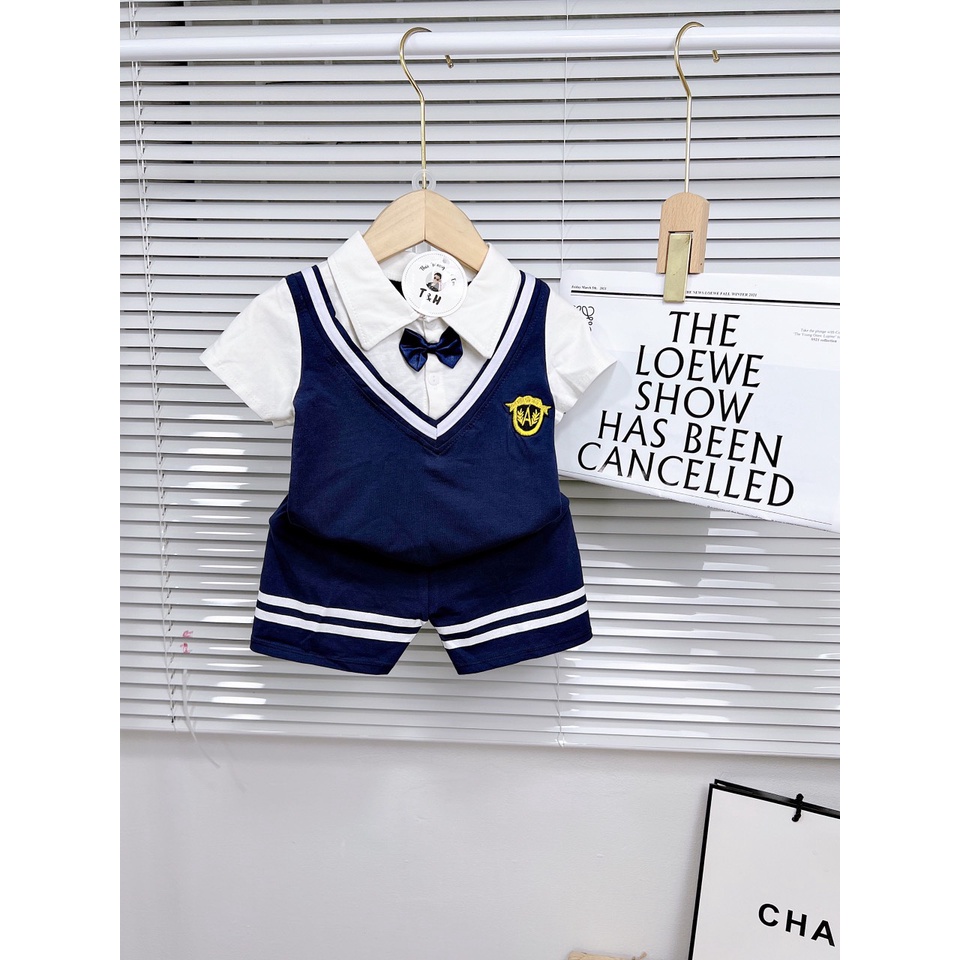 Bộ công tử bé trai, Set thun cotton gồm áo ngắn tay kiểu gilê cổ bẻ và quần short 2 vạch ngang cho bé 7-18 kg, DUCK381