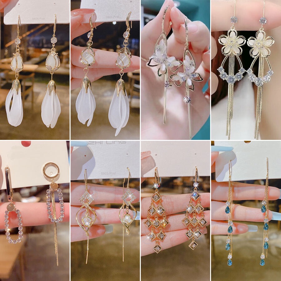 Bông Tai Dáng Dài Hình Hoa Đính Pha Lê Tua Rua Thời Trang Dự Tiệc Cưới Năm 202