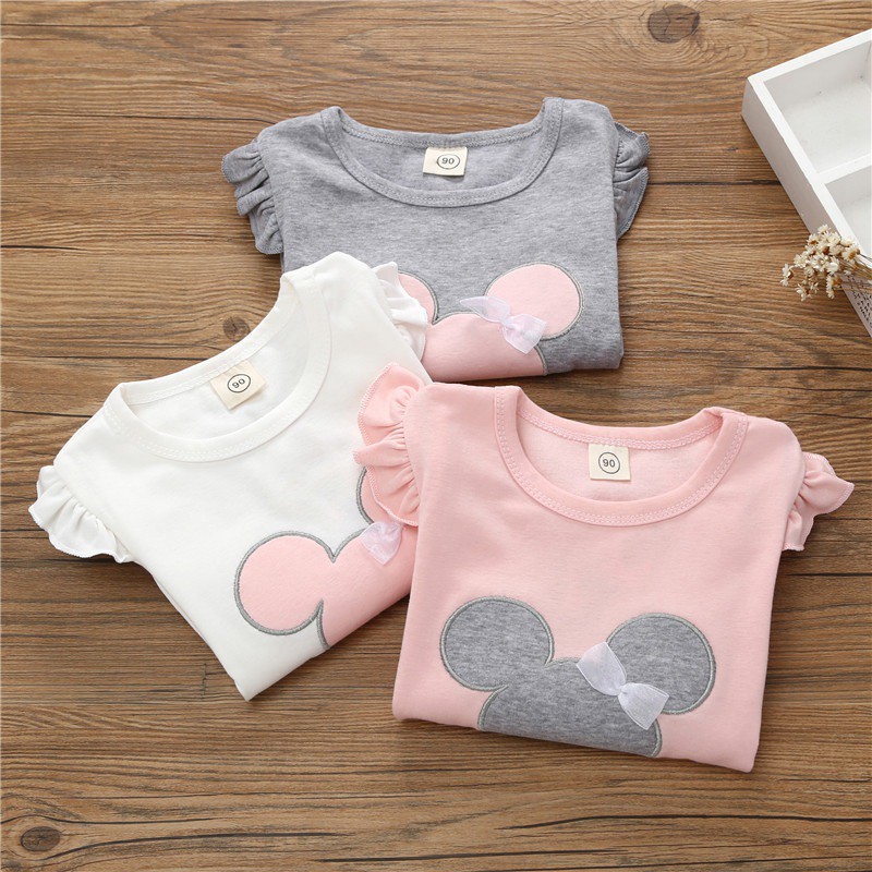 ♕ babyme ღ Baby Girls Long-sleeved Round Neck T-shirts Cartoon Bow Decoration