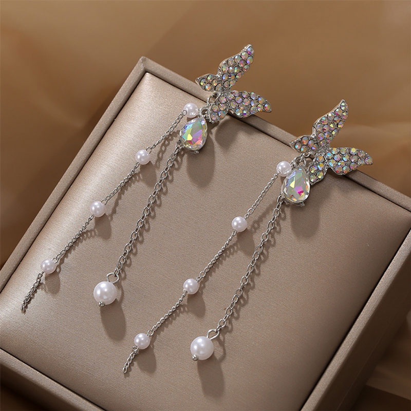 Bông Tai Dáng Dài Phối Tua Rua Hình Bướm Dễ Thương Phong Cách Hàn Quốc Cho Nữ