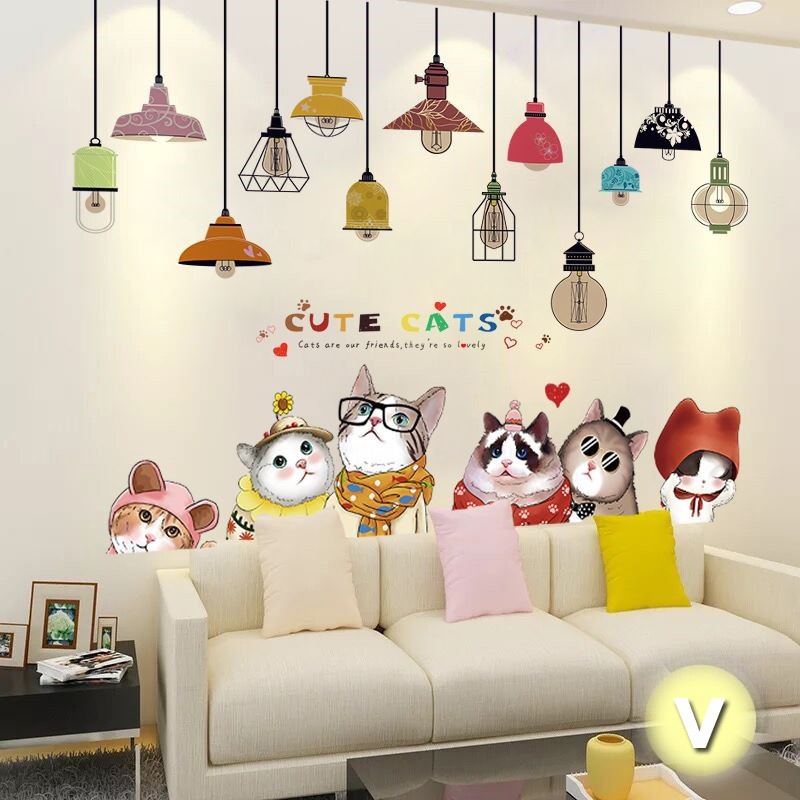 Decal dán tường Mèo đáng yêu với dây đèn