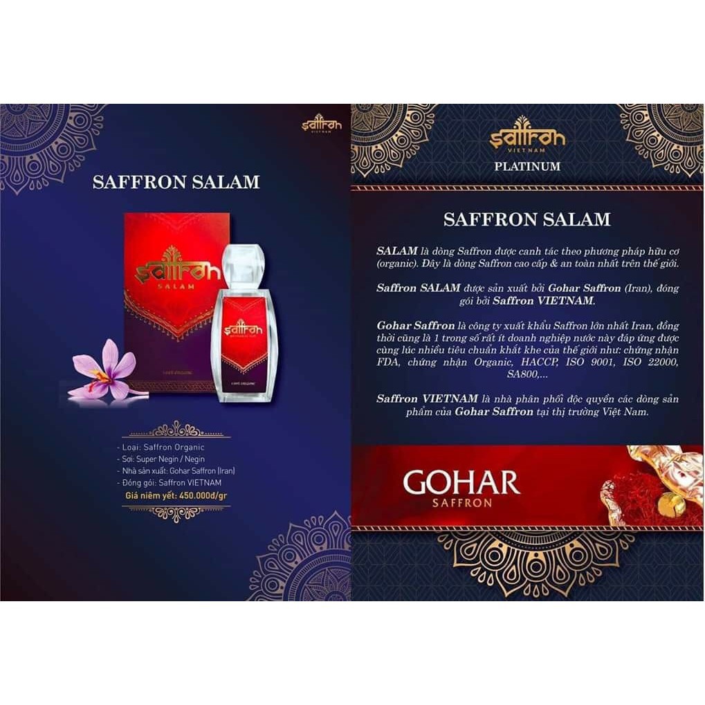 Nhụy Hoa Nghệ Tây Saffron Salam 1Gram/hộp Tặng Mặt nạ mật ong Saffron yến mạch