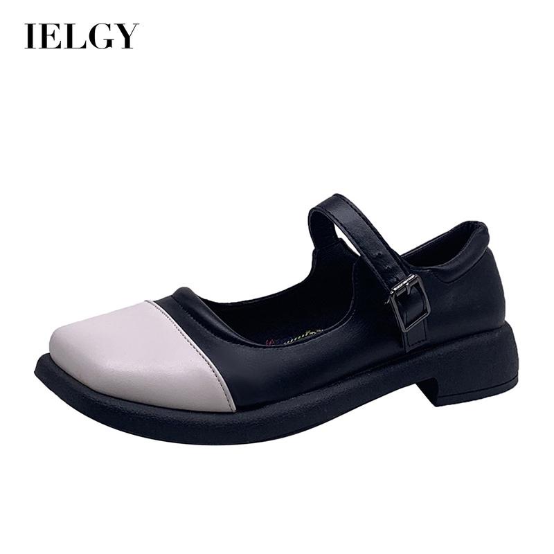 Giày da IELGY mũi vuông đế bằng phong cách Anh Quốc xinh xắn