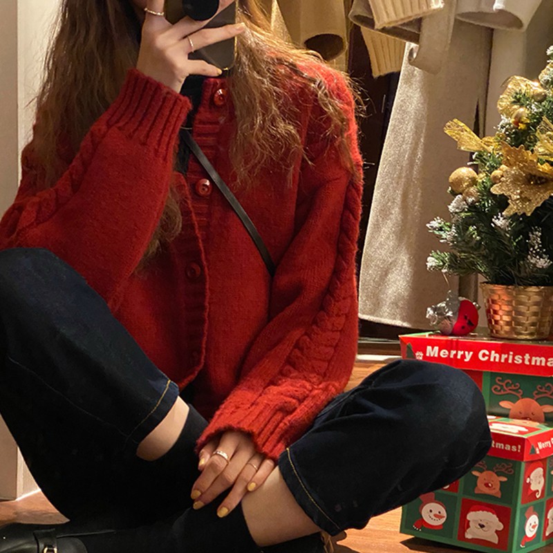 Hàng Sẵn_Áo len sáp mềm màu đỏ lưới phụ nữ áo khoác len dệt kim xoắn phong cách hàn