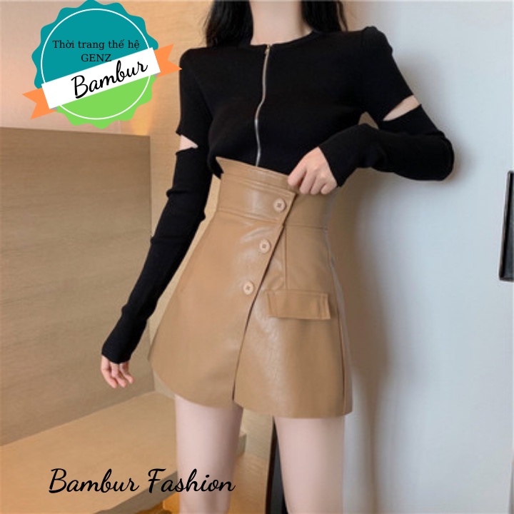 Quần short da nữ Bambur giả váy cạp cao kiểu vạt lệch phối cúc cao cấp siêu tôn dáng
