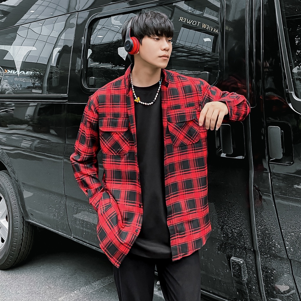 Áo Sơ Mi Flannel Màu Đỏ Chất Liệu Cotton Thoáng Mát