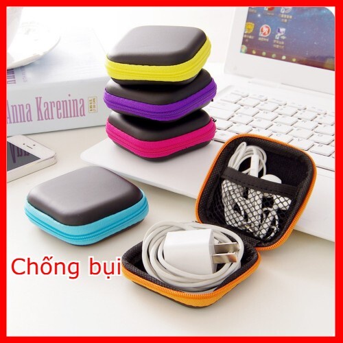 Hộp đựng tai nghe có dây usb dây sạc điện thoại có khóa kéo hình vuông màu đen viền màu giúp dây không bị gãy gập